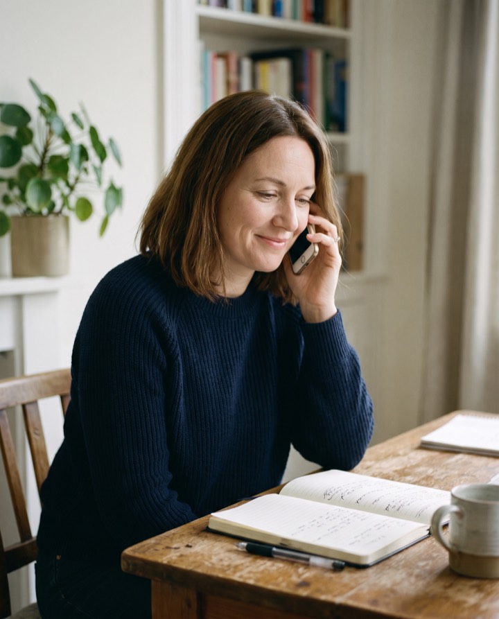 A travel adviser on the phone at her desk